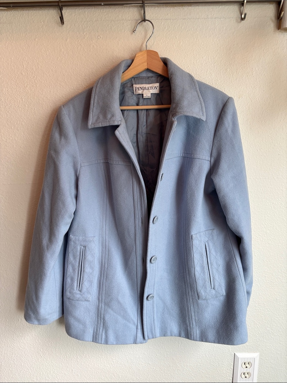 PENDLETON Light Blue 100% Merino Wool Periwinkle Pea Coat Vtg Large - Picture 9 of 9